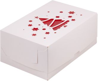 Коробка на 6 капкейков с красным ок. Елка (белая), 235*160*100мм