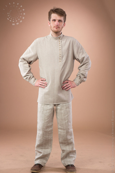 Косоворотка льняная с пуговицами и обережной строчкой - 52 в наличии