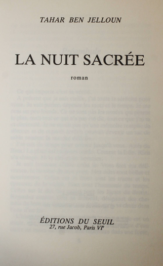 Tahar ben JeLloun. La nuit sacree. Paris: Editions du Seuil. 1987.