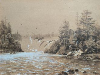 Казанцев Владимир Гаврилович (1849-1902)  Ласточки над водопадом 1880-е-1890-е гг. Бум., гр.кар., сепия, белила 25,5Х34,2 (в свету) (1229)