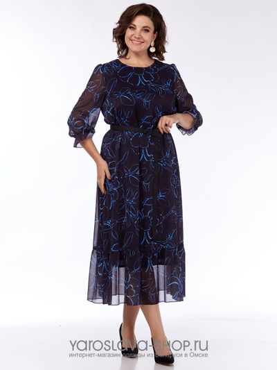 Женское шифоновое платье в синем цвете с цветочным принтом