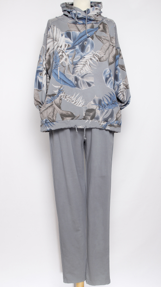 КОСТЮМ ХУДИ И БРЮКИ "Пайетки цветы" серый до 52р.