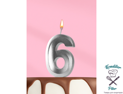 Свеча в торт Грань «Цифра 6», серебряный металлик, 6.5 см