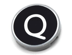 Tile, Round 2 x 2 with Bottom Stud Holder with Silver Capital Letter Q on Black Background Pattern, Light Bluish Gray (14769pb438 / 6352941)