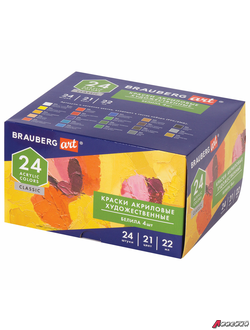 Краски акриловые художественные BRAUBERG ART CLASSIC, НАБОР 24 шт, 21 цвет, в тубах 22 мл. 191722