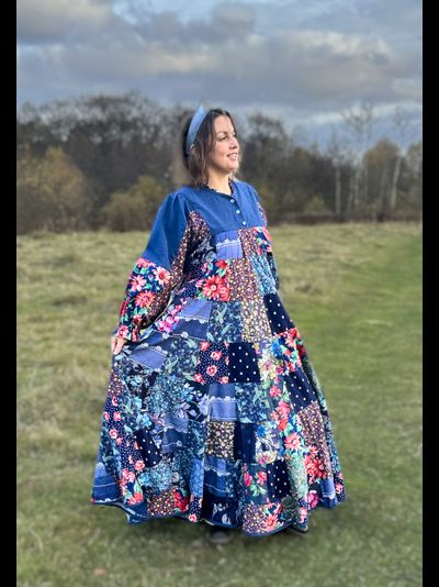 Лоскутное платье в русском стиле "Вечерний Звон" синий