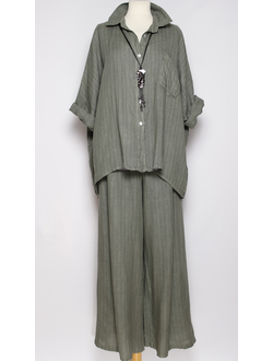 Костюм блузон и брюки лён "ПОЛОСКА"  хаки, джинс р.48-54