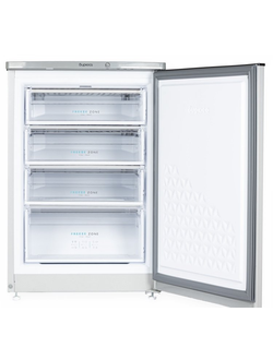 Вертикальная морозильная камера, цвет серебристый, четыре выдвижных ящика.