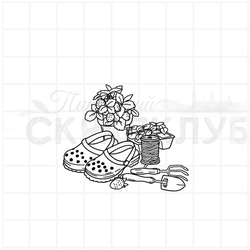 Штамп галоши, клубника, совок и тяпка, шпагат