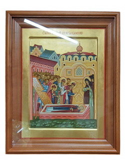Обретение мощей Святого Преподобного Сергия Радонежского. Рукописная икона в киоте.