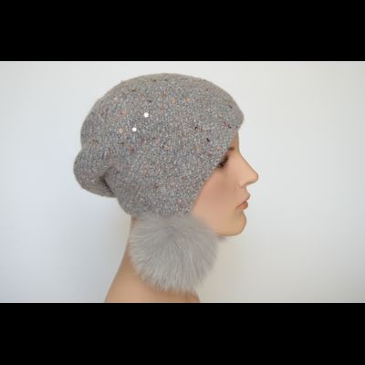 Лиловая вязаная шапка ушанка с помпонами Vizio Италия 6442 РР 66