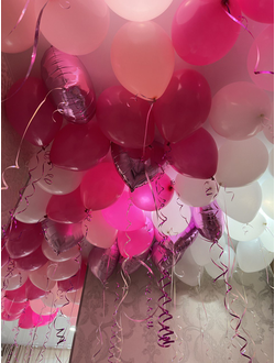 Шары розовые, белые и розовые сердечки 100 шт под потолок