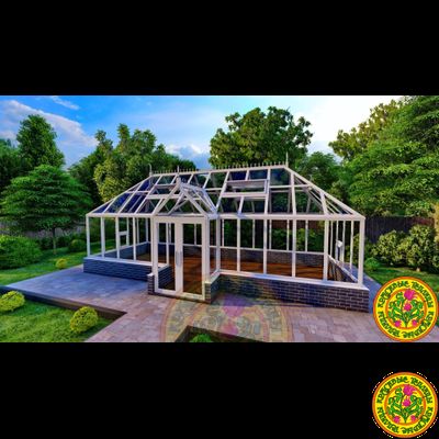 Базовая комплектация теплицы в английском стиле с холлом из стекала и алюминия ВИКТОРИЯ SL размером 8000 х 3000 мм