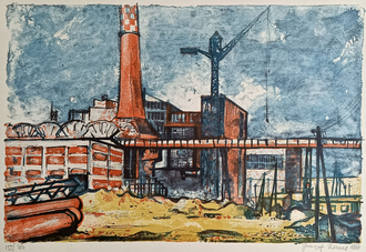 "Новый металлургический завод в восточной Словакии" литография Josef Nemec 1964 год