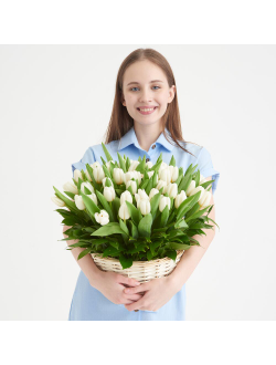 51 белый тюльпан в корзине