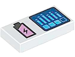 Tile 1 x 2 with Black and Metallic Pink Battery Charge and Dark Blue Screen with Dark Azure Bar Graph Pattern, White (3069pb1206 / 6465630)