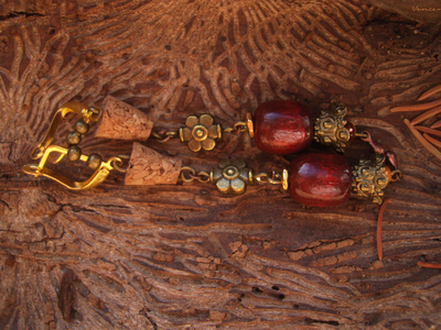 Бохо-серьги "Вино из шиповника" с тигровым глазом и дисками гитарных струн