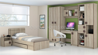 шкаф "Диско" в интерьере подростковой комнаты в цвете Дуб Сонома.