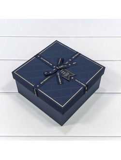 Коробка подарочная с бантом и лентой "Best wishes for you" (тем. синяя), 15*15*6,5см