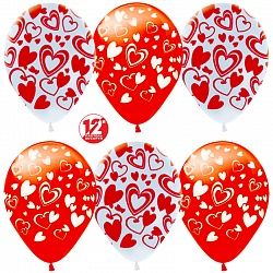 Шар (12&#039;&#039;/30 см) Кокетливые сердечки (Белый, Красный) Пастель / Flirty Hearts / 50 шт. /