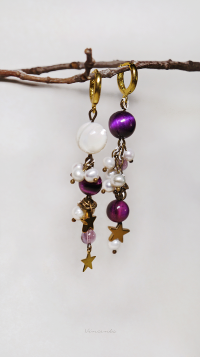 "Звёздные маячки", асимметричные серьги с жемчугом, тигровым глазом и флюоритом