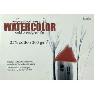 Альбом для акварели 245х345мм, 10л, 200гр+хлопок, склейка, твердая подложка, Watercolor 00179