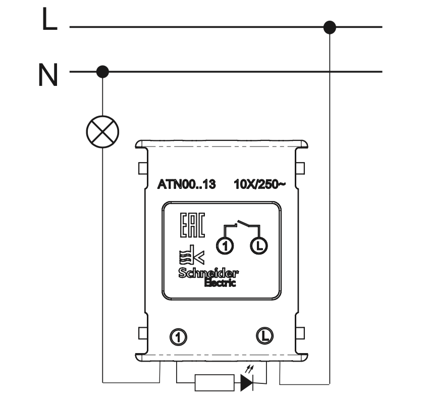 схема подключения одноклавишного выключателя с подсветкой Schneider Electric серии AtlasDesign.