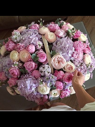 Корзина с гортензией и ранунклюсами