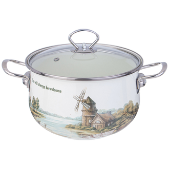 КАСТРЮЛЯ ЭМАЛИРОВАННАЯ СО СТЕКЛЯННОЙ КРЫШКОЙ СЕРИЯ "ДЕРЕВНЯ", 3,8 л