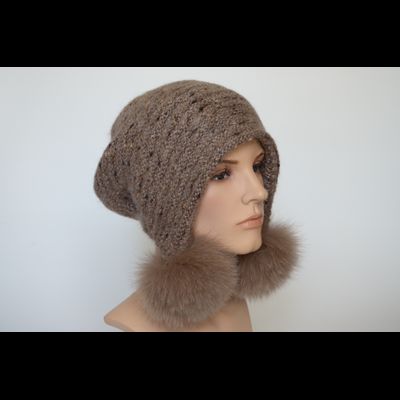 Ореховая женская шапка ушанка с помпонами Vizio 6924