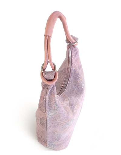 (АРТИКУЛ: 9883/1/5) СУМКА МЕШОК, БОЛЬШАЯ, НАТУРАЛЬНАЯ КОЖА С ЛАЗЕРНОЙ ОБРАБОТКОЙ, РОЗОВАЯ С СЕРЕБРИСТО-БЕЖЕВЫМ РИСУНКОМ, ЧЕРЕЗ ПЛЕЧО