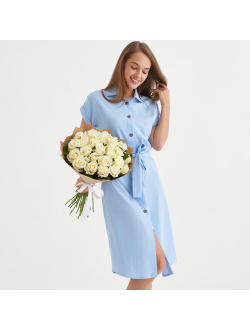 БУКЕТ "УТРЕННЯЯ РОСА" ИЗ 25 БЕЛЫХ РОЗ В КРАФТЕ