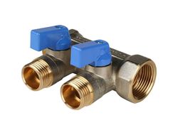 Коллектор распределительный STOUT с шаровыми кранами 1", 2 отвода 1/2" (синие ручки) (Арт. SMB 6211