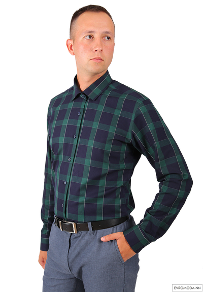 Рубашка мужская турецкая Oskar-time Slim 86550 черная в крупную зеленую клетку