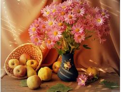 Купить греющую картину с фото натюрморт ваза цветов и корзина фруктов