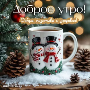 Открытка с чаем и снеговиками- доброе утро
