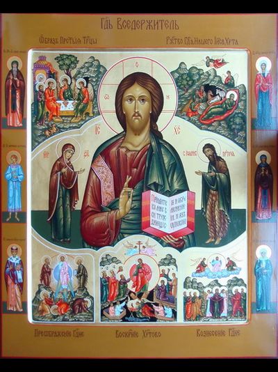 Господь Вседержитель с Праздничным рядом и предстоящими. Рукописная икона.