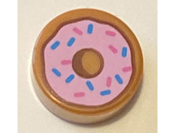 Tile, Round 1 x 1 with Donut / Doughnut with Bright Pink Frosting and Dark Azure and Dark Pink Sprinkles Pattern, Medium Nougat (98138pb182 / 6329593)