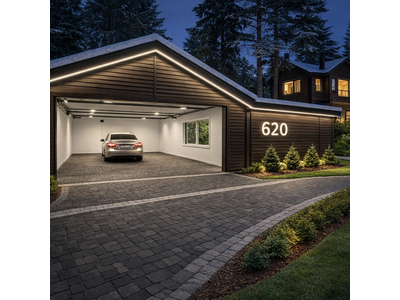 стильный гараж с навесом из газобетона барнхаус в Новосибирске, каркасный гараж на монолите