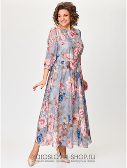 Модель: 2464-3.Элегантное шифоновое платье в розовом цвете с цветочным принтом