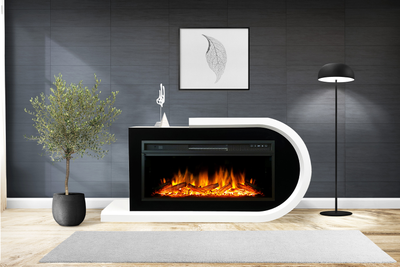 Линейный электрический камин Basel R белый с черным с очагом Vision 42 LOG LED