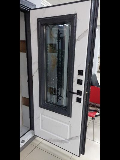 1200*2050. ВИЛЛАДЖ  115 мм. СТАЛЬ 1,5 мм. ГРАФИТ БУКЛЕ/ МРАМОР НАТУРАЛЬНЫЙ/ КОВКА ВНУТРИ СТЕКЛОПАКЕТА