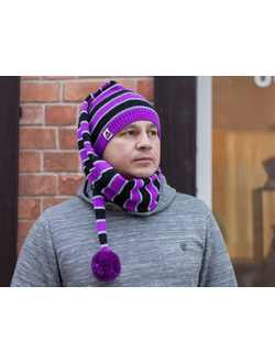 Шапка вязаная Буратино сиренево-черная