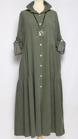 Платье-рубашка Бохо "Вельвет карманы ярусы" горчичное, хаки до р.52