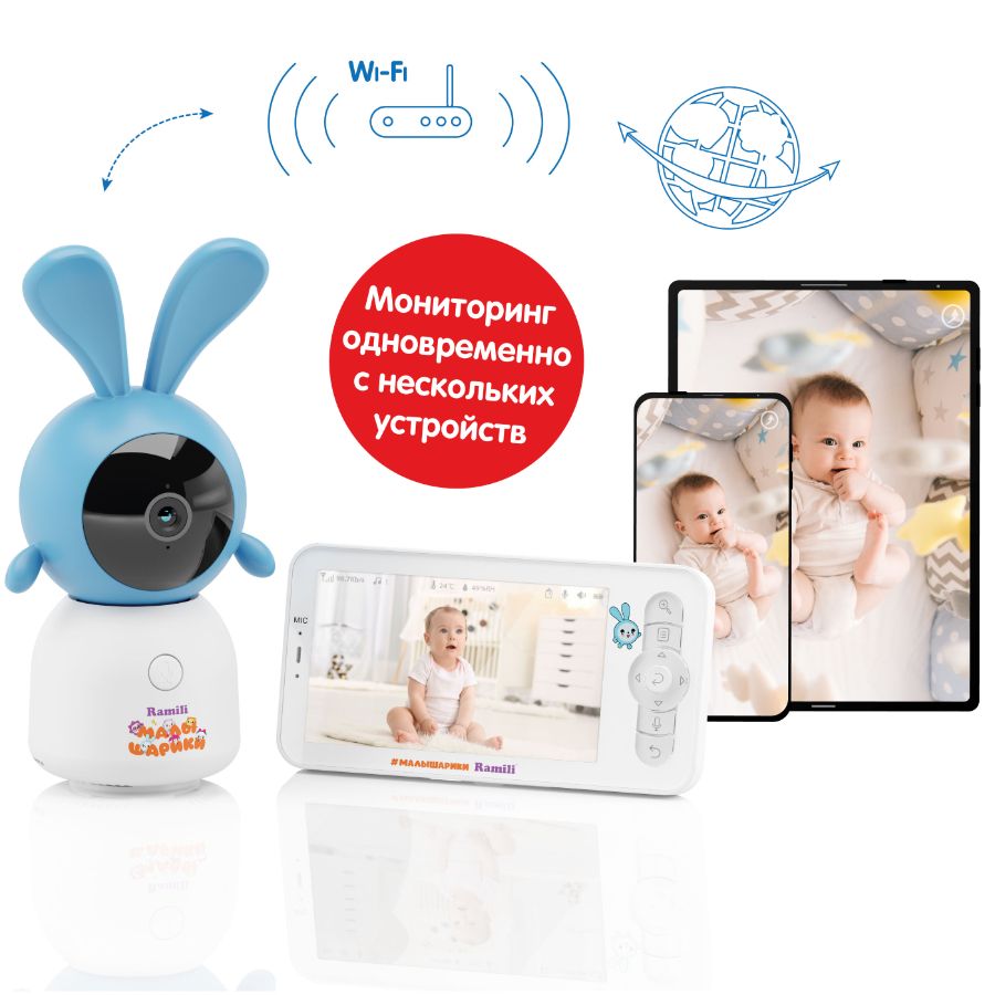 Комплект Ramili Baby RV100KROSH Крошик, Малышарики, Wi-Fi моторизированная видеоняня с креплением + 