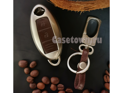 Коричневый чехол на ключ Infiniti Fx, Ex 2 кнопки (2009 -2011) металл с кожей