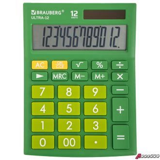 Калькулятор настольный BRAUBERG ULTRA-12-GN (192×143 мм), 12 разрядов, двойное питание, ЗЕЛЕНЫЙ. 250493