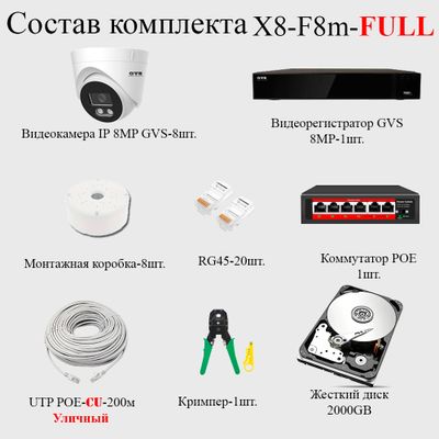 GVS комплект видеонаблюдения GVS-X8-F8m-full, 8MP, расширение 3840x2160