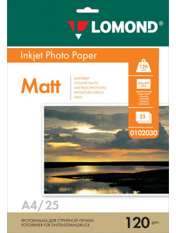 Односторонняя Матовая фотобумага Lomond для струйной печати, A4, 120 г/м2, 25 листов.