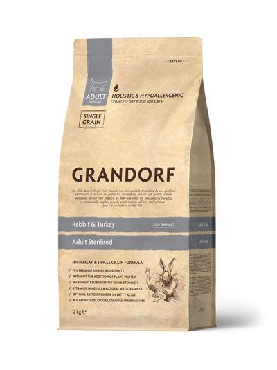 Grandorf (Грандорф) сухой корм для стерилизованных кошек и кастрированных котов Кролик с индейкой,  2 кг